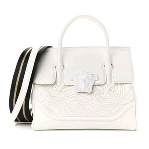 Versace White‎ Embroidered Calfskin Leather Medium Palazzo Empire Tote Bag Strap